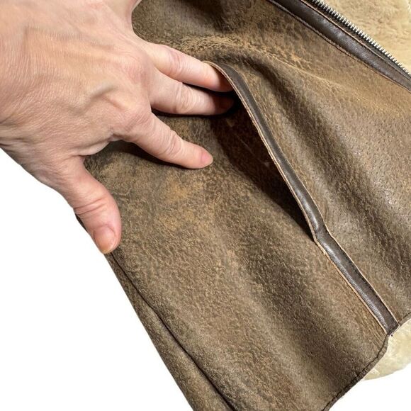 Express vintage Y2K brown leather faux fur lined zip up jacket size 8 - Picture 9 of 13